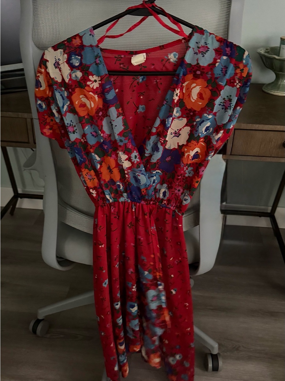 Vintage Red Floral Midi Dress with Blue and Orange Blooms